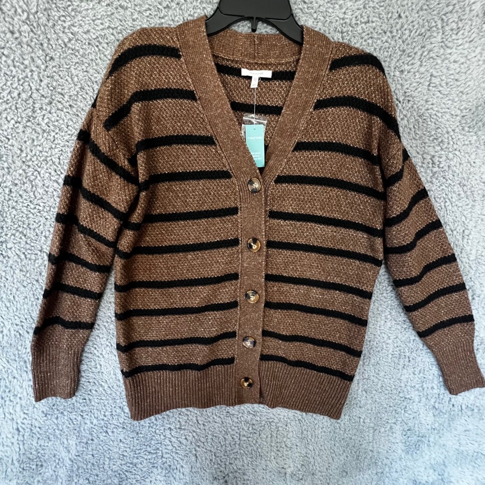 Maurices Brown Black Striped V-Neck Button Front Cardigan Sweater XS NEW
